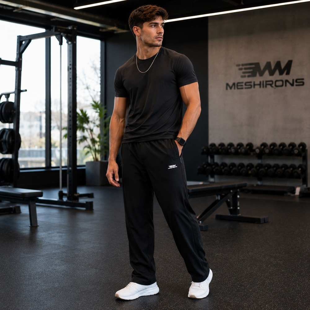 Meshirons Mens Black Athletic Pants 2XLx32 Stretch Jogger Track Pants Zip Pocket